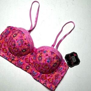 BLACK FUCHSIA Bra 36B Push Up Wide Band Stretch Lace Pink Geo Print Underwire